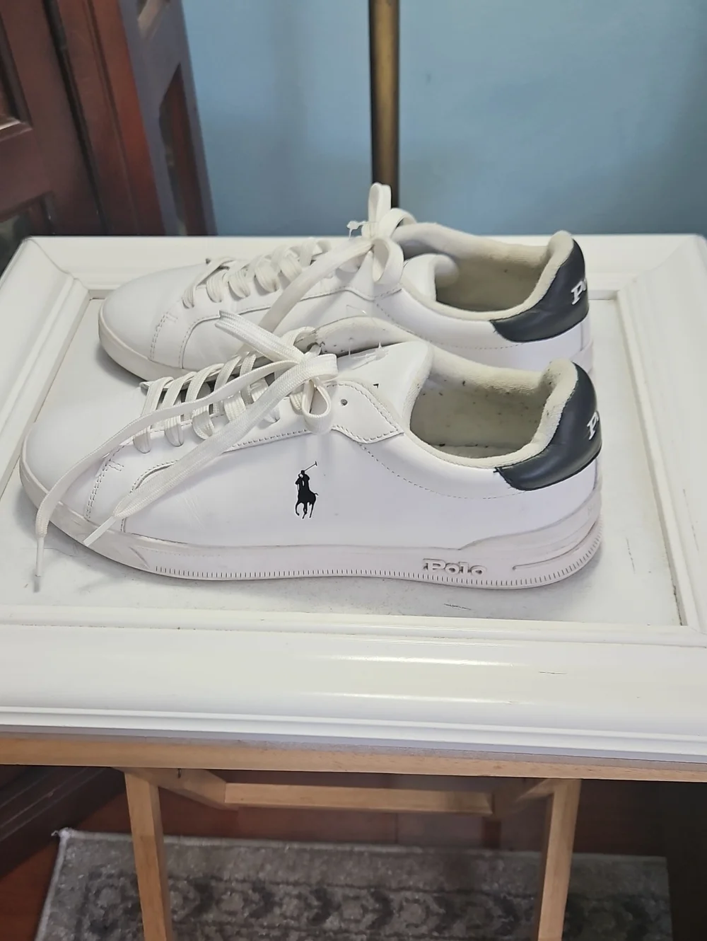 Polo Ralph Lauren Heritage Court White Low Top Leather Sneakers Black Heel 10.5